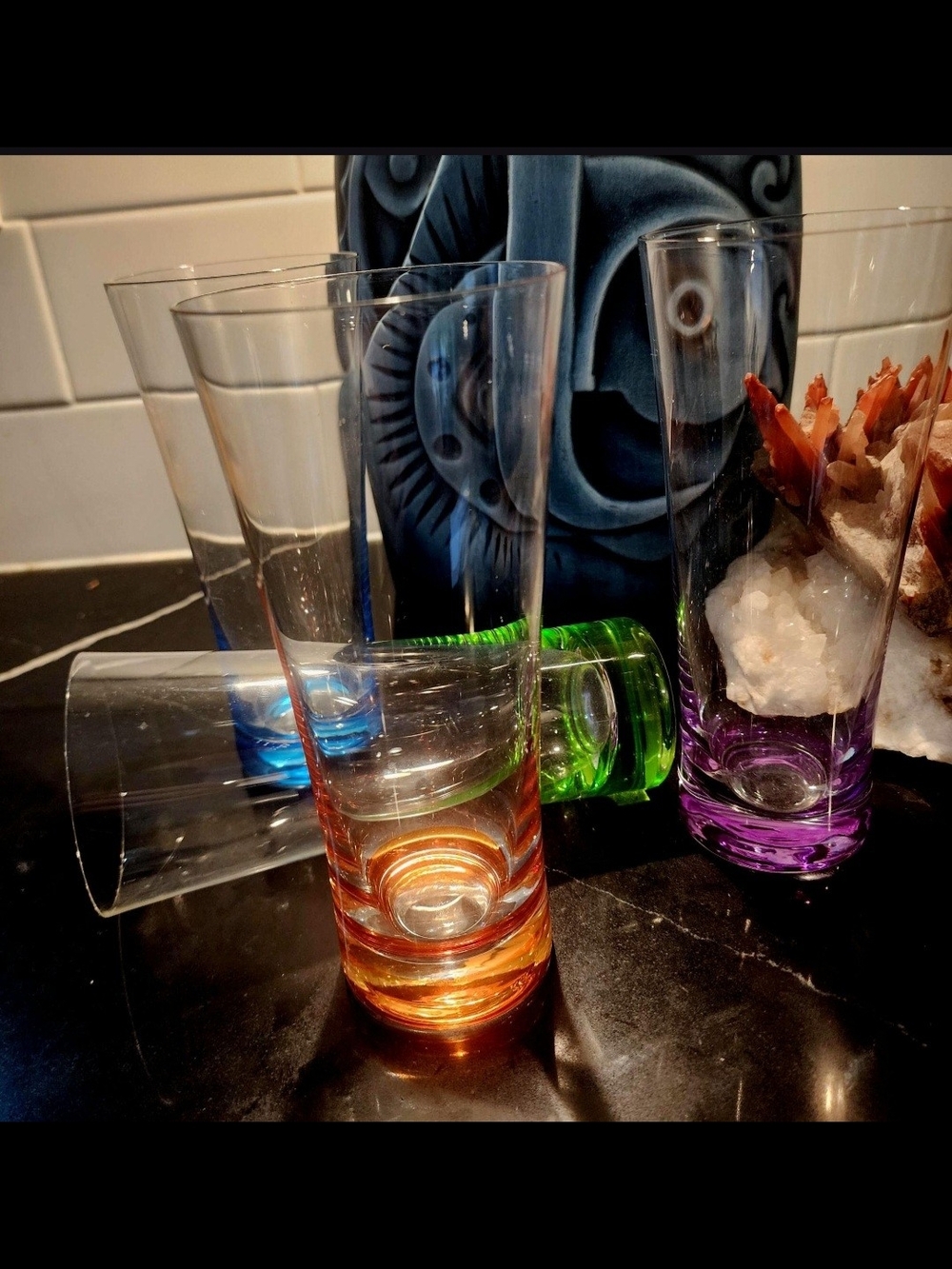 Rare Set of 4 Heavy Bottom Colored Base Highball Glasses Modern Cocktail Barware